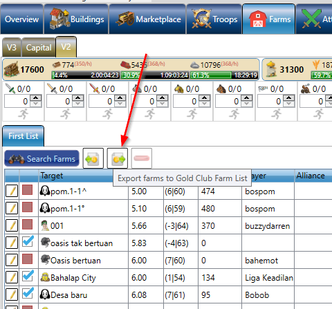 "Export farms to Gold Club farm list" button